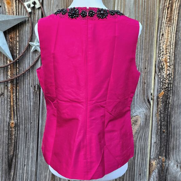 Pink Silk Blouse Talbots Size 12P Sleeveless Top Magenta Black Beaded Neckline - Picture 3 of 9